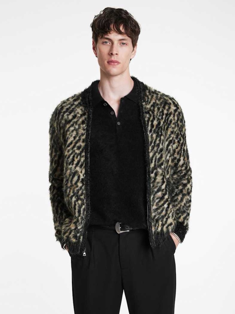 John Varvatos Bomber Jacket Shaggy Sweater Knit Animal Print Camino Medium M
